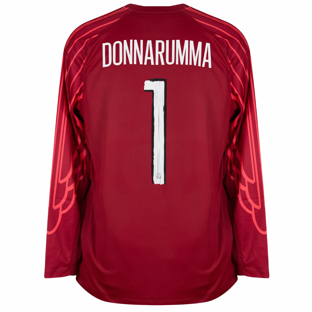 Camisa de goleiro PSG GK 24/25 manga longa vermelha com o nome DONNARUMMA e número 1 nas costas.