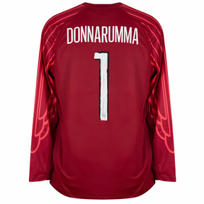 Camisa de goleiro PSG GK 24/25 manga longa vermelha com o nome DONNARUMMA e número 1 nas costas.