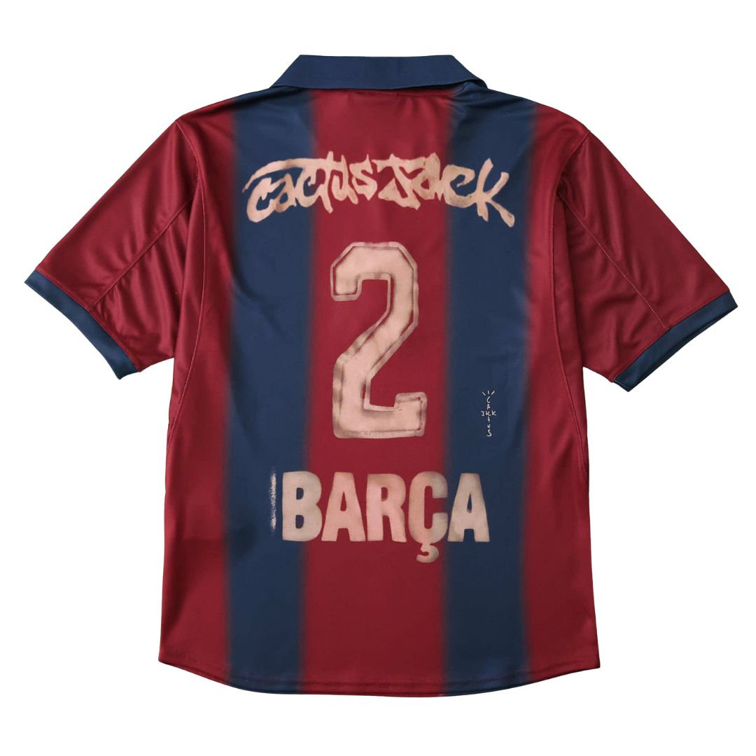 Camisola de futebol Barcelona retro #CactusJack com estampa 2 e logo Barça, estilo vintage.