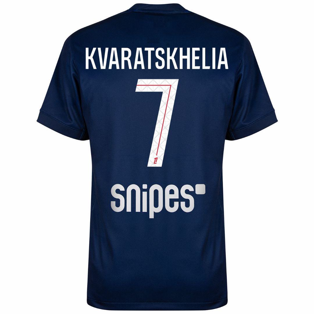 Camisa PSG home 25/26 #7 Kvaratskhelia azul com detalhes em branco e logotipo Snipes.