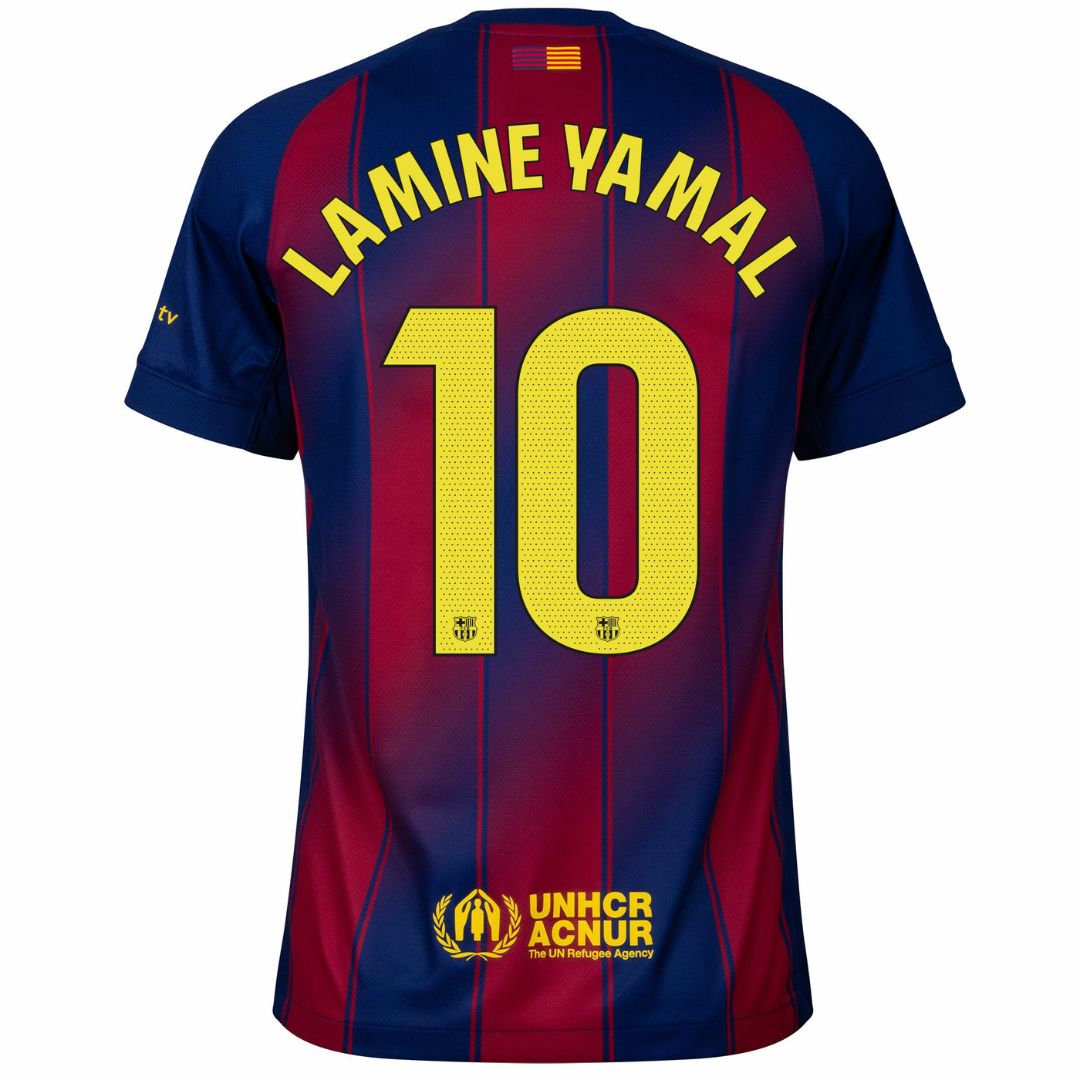 Camisola de futebol Barcelona home 25/26 #10 Lamine Yamal, modelo oficial, design azul e grená.