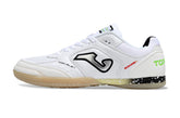 Chuteira Futsal Joma Top Flex Rebound IC Branca com design moderno e detalhes coloridos.