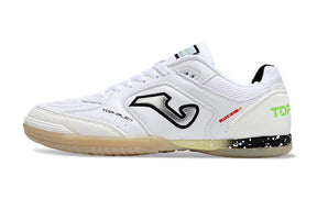 Chuteira Futsal Joma Top Flex Rebound IC Branca com design moderno e detalhes coloridos.