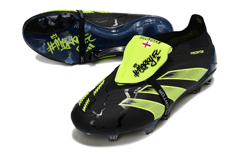 Chuteira Adidas Predator Elite Tongue FG - Preta e Verde com design arrojado e tecnologia para desempenho em campo.