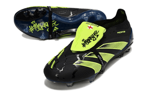 Chuteira Adidas Predator Elite Tongue FG - Preta e Verde com design arrojado e tecnologia para desempenho em campo.