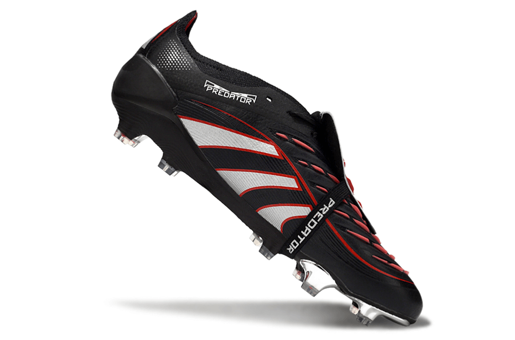 Chuteira Adidas Predator Elite Fold-Over Tongue FG - Preta, Prata e Vermelha em destaque, com detalhes modernizados.