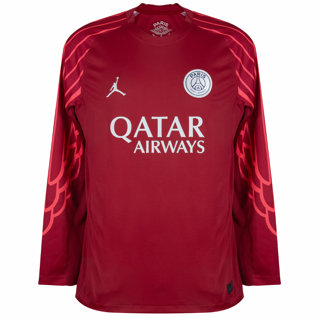 Camisa PSG GK 24/25 manga longa vermelha com detalhes em vermelho e logo da Qatar Airways.