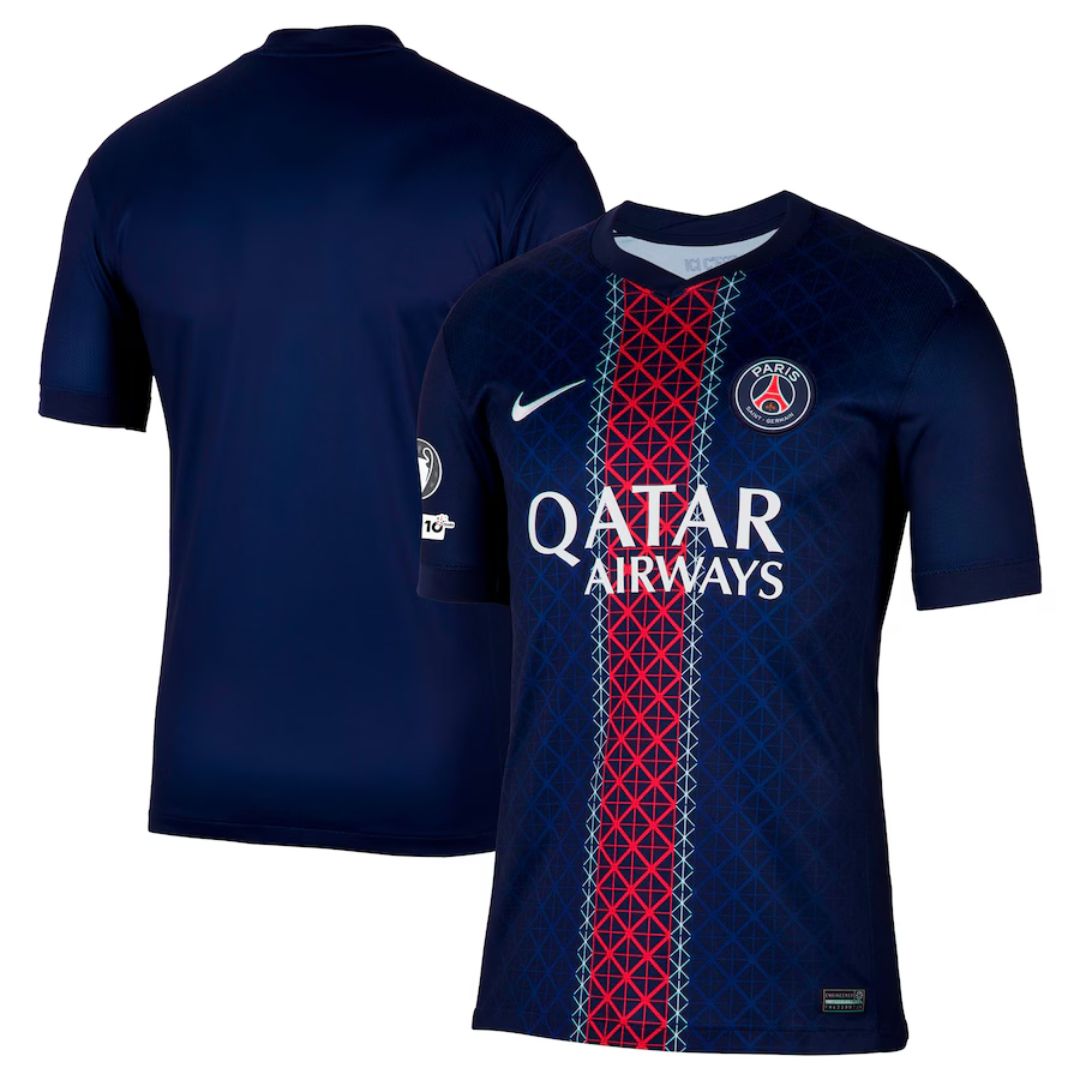 Camiseta PSG home 25/26 Azul da Olympic Store, com detalhes em vermelho e logo da equipe.