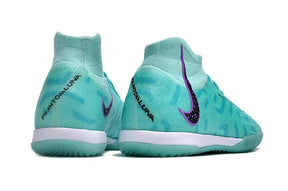 Chuteira Futsal Nike Phantom Luna Elite IC na cor verde, detalhes em roxo e design moderno para melhor performance.