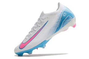 Chuteira Nike Air Zoom Mercurial Vapor 16 Elite FG Branco, azul e rosa, ideal para velocidade em campos naturais.