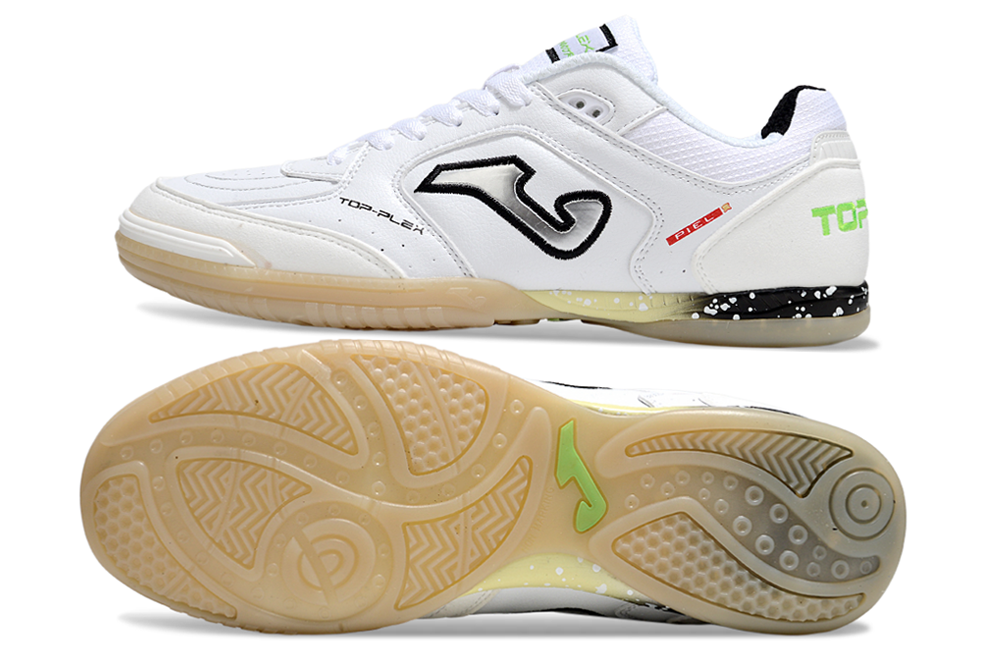 Chuteira Futsal Joma Top Flex Rebound IC Branca com design moderno e sola antiderrapante para desempenho em quadra.