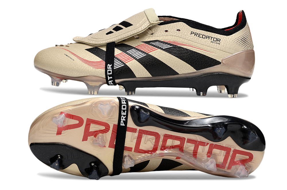Chuteira Adidas Predator Elite Fold-Over Tongue FG - Dourada, Preta e Vermelha