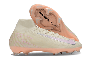 Chuteira Nike Air Zoom Mercurial Superfly 10 Edição Especial Elite FG - Branca e Salmão, vista lateral e inferior