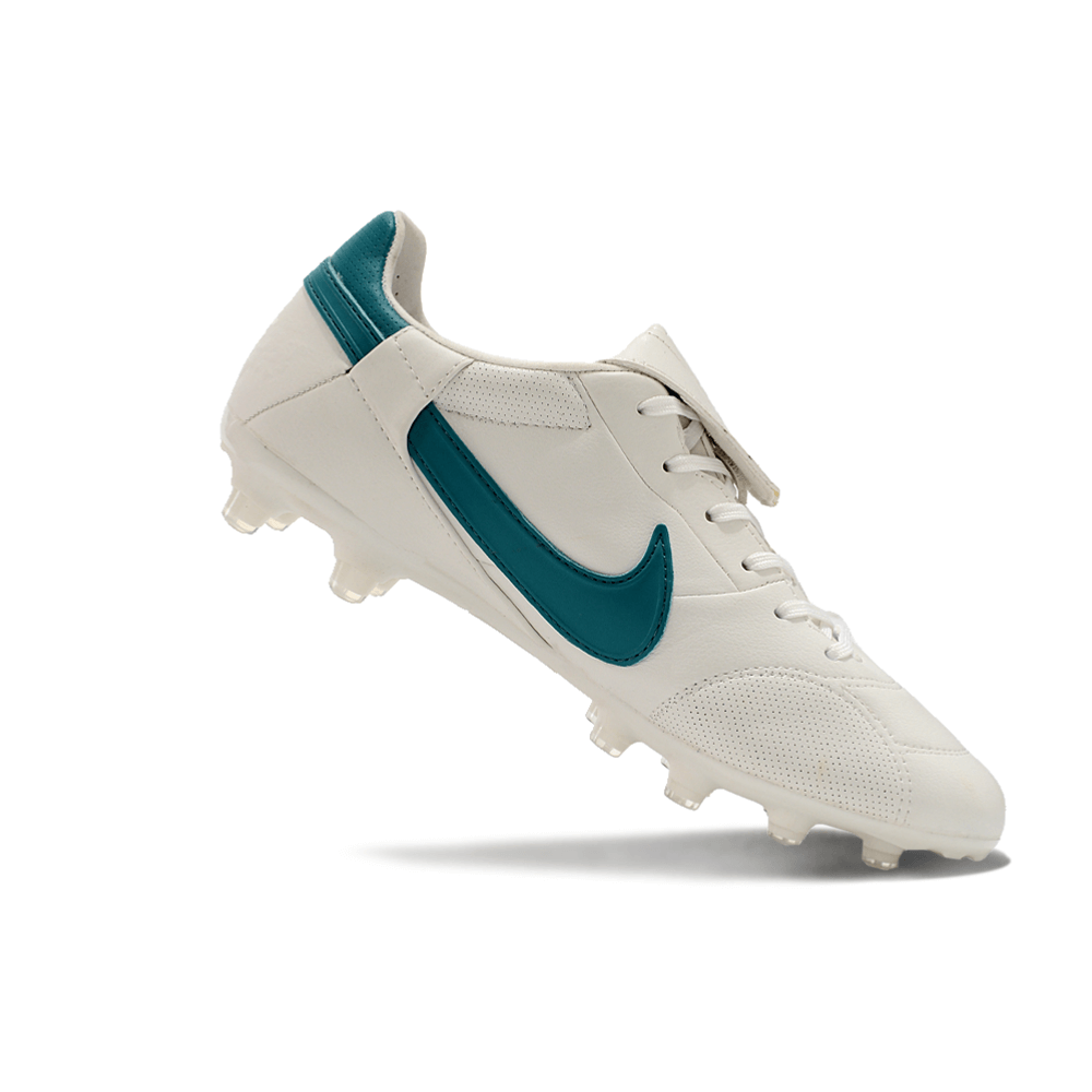 Chuteira Nike Premier 3 FG Branca e Verde com design clássico e tecnologia moderna.