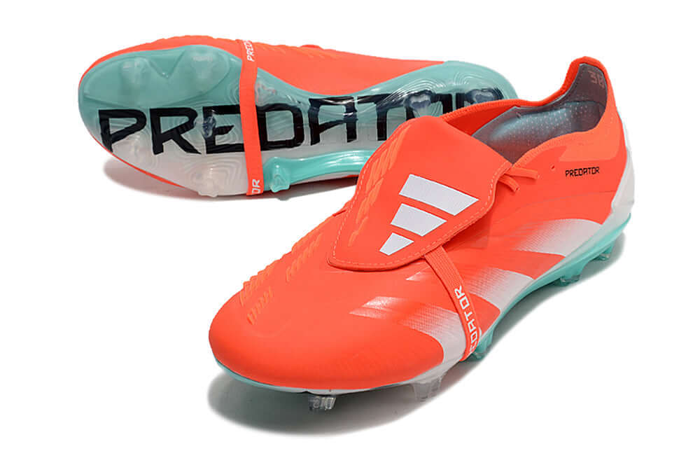 Chuteira Adidas Predator Elite Tongue FG - Laranja e Ciano com design vibrante e tecnologia avançada para desempenho em campo.