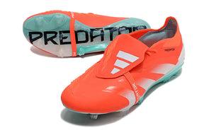 Chuteira Adidas Predator Elite Tongue FG - Laranja e Ciano com design vibrante e tecnologia avançada para desempenho em campo.