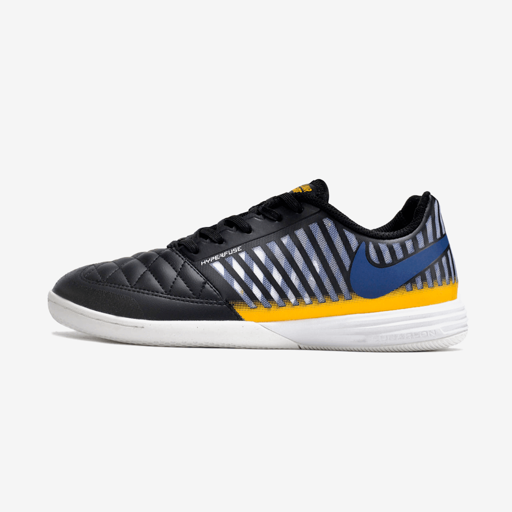Chuteira Futsal Nike Lunar Gato IC em preto, azul e dourado, ideal para dominar a quadra.