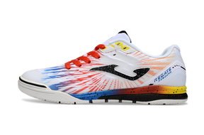 Chuteira Futsal Joma Regate Rebound IC nas cores branca, azul e vermelha, ideal para jogos e treinos.
