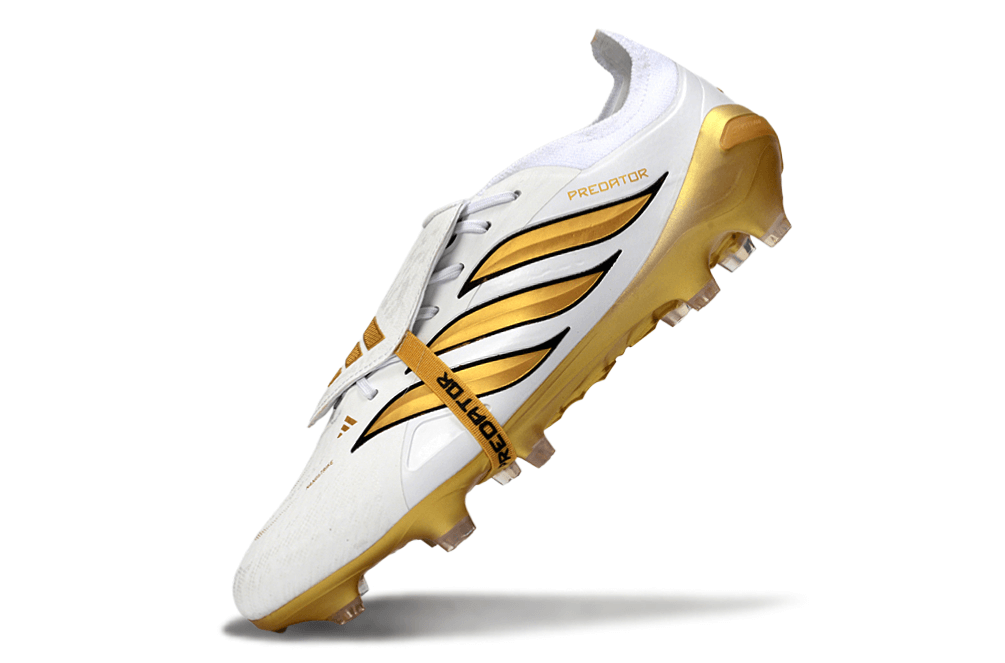 Chuteira Adidas Predator Elite FG 26 - "Finishers Steel" Branca e Dourada