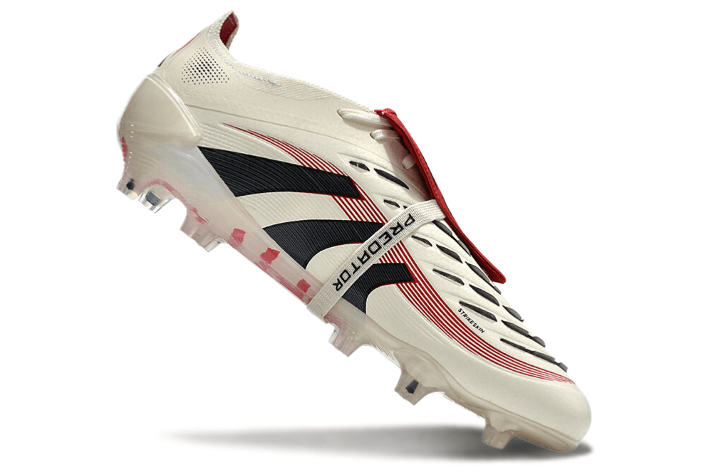 Chuteira Adidas Predator Elite Fold-Over Tongue FG - Begê, Vermelha e Preta com design moderno e performance otimizada.