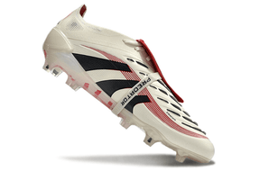 Chuteira Adidas Predator Elite Fold-Over Tongue FG - Begê, Vermelha e Preta com design moderno e performance otimizada.
