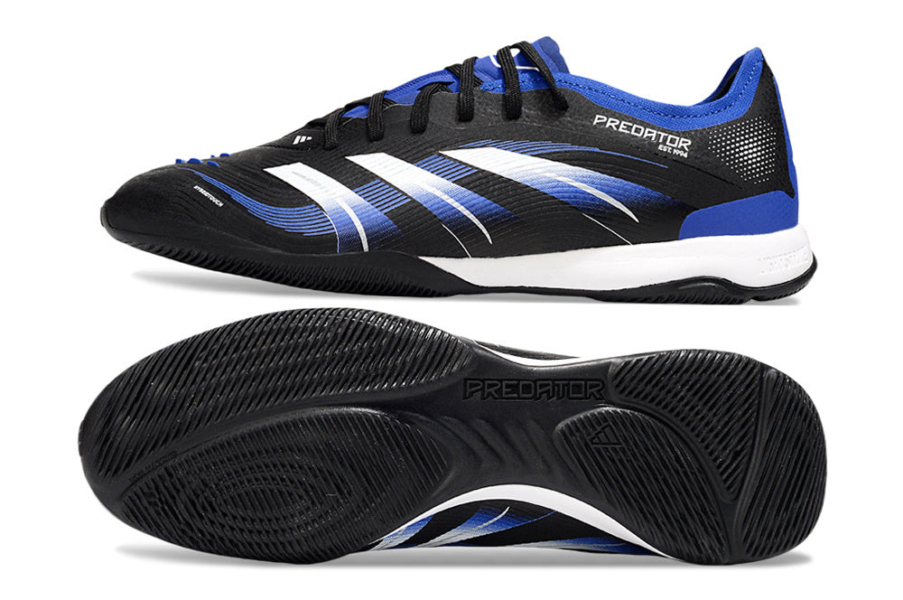 Chuteira Futsal Adidas Predator 24 Elite IC Preta e Azul, vista lateral e底部, para desempenho em quadra.