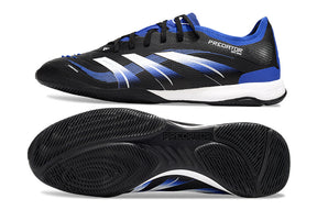 Chuteira Futsal Adidas Predator 24 Elite IC Preta e Azul, vista lateral e底部, para desempenho em quadra.