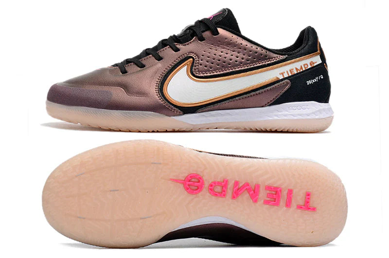Chuteira Futsal Nike Tiempo Legend 9 Elite IC Bronze, ideal para desempenho em quadra com excelente tração e conforto.