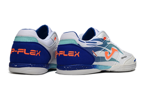 Chuteira Futsal Joma Top Flex Rebound IC Branca e Azul, design moderno para desempenho em quadra.