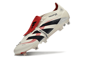 Chuteira Adidas Predator Elite Fold-Over Tongue FG - Begê, Vermelha e Preta em ângulo lateral.