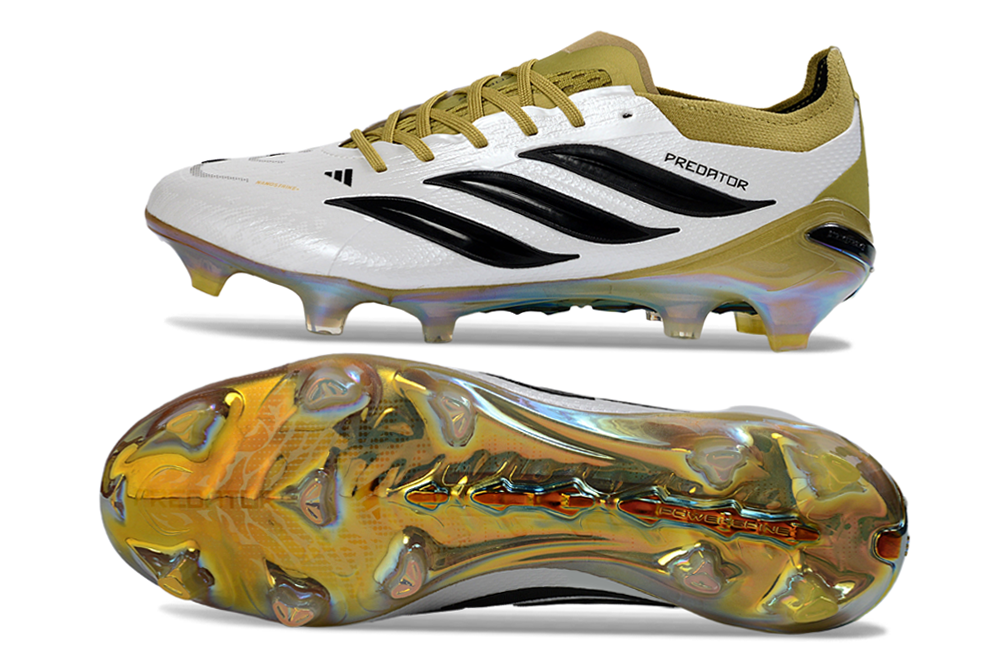 Chuteira Adidas Predator Elite FG 26 - Branca, Vermelha e Preta com sola colorida e design elegante.