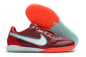 Chuteira Futsal Nike Tiempo Legend 9 Elite IC Vermelho com solado laranja e detalhes em azul