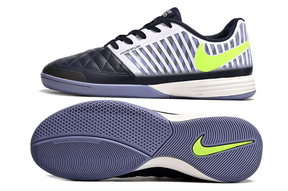 Chuteira Futsal Nike Lunar Gato IC nas cores azul, branca e verde, ideal para jogos em ambientes internos.