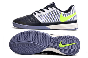 Chuteira Futsal Nike Lunar Gato IC nas cores azul, branca e verde, ideal para jogos em ambientes internos.