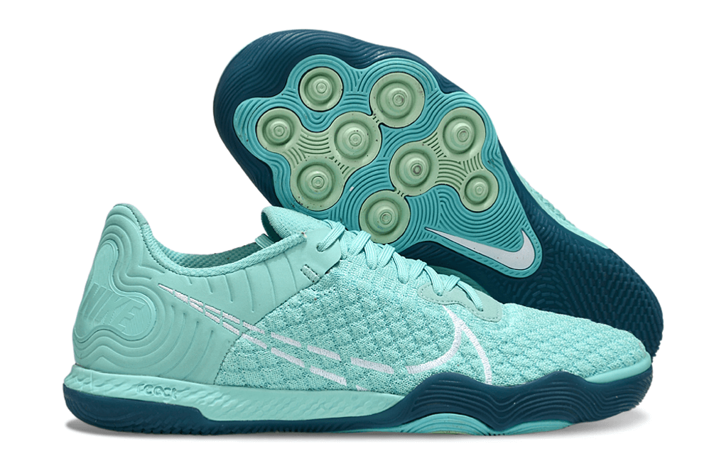 Chuteira Futsal Nike React Gato IC - Azul Oceano com design inovador e sola para quadras internas.