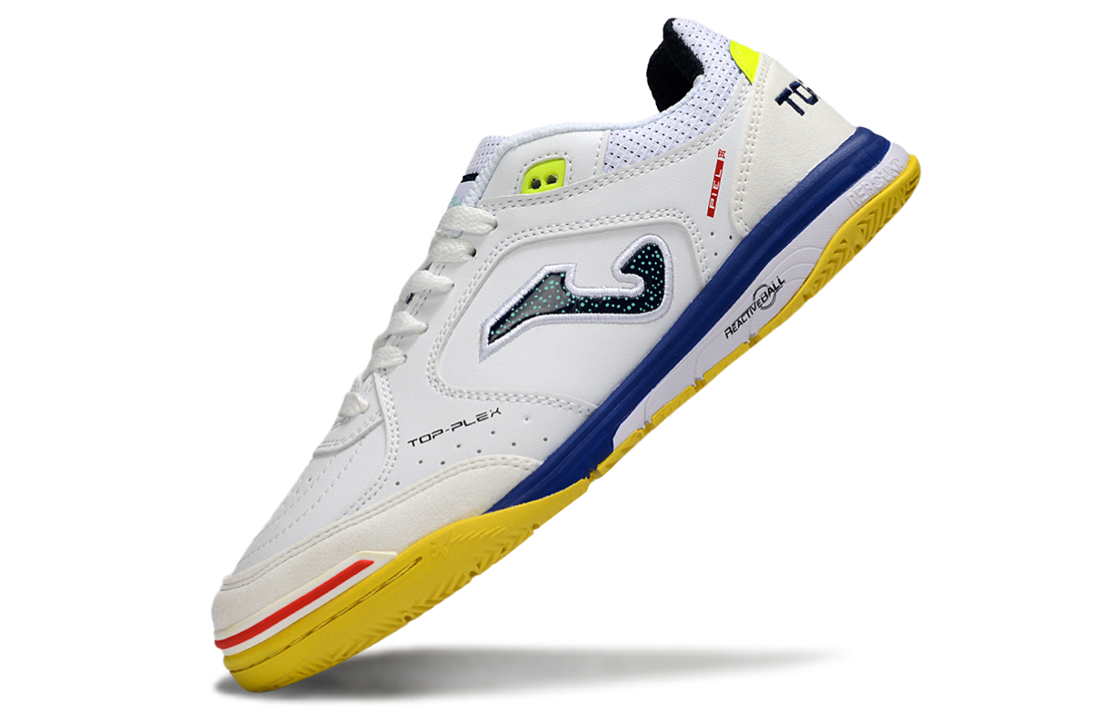 Chuteira Futsal Joma Top Flex Rebound IC Branca, Azul e Amarela