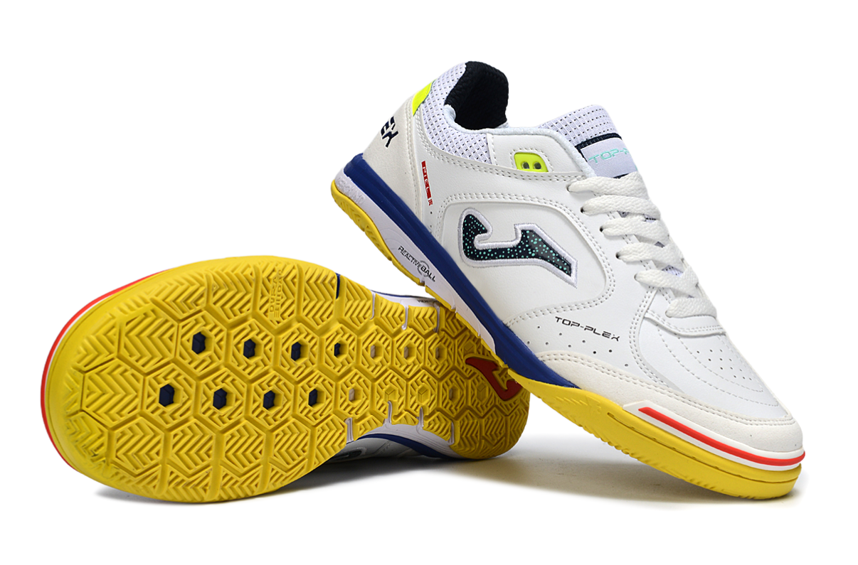 Chuteira Futsal Joma Top Flex Rebound IC Branca, Azul e Amarela