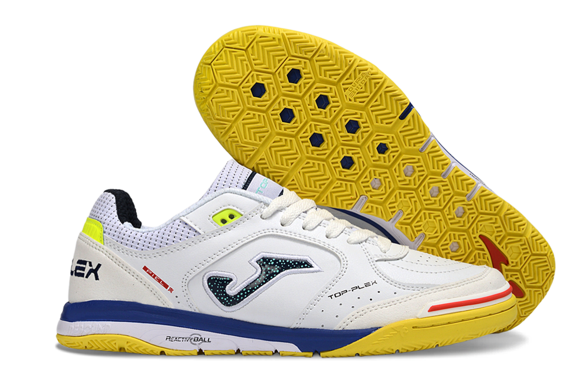 Chuteira Futsal Joma Top Flex Rebound IC Branca, Azul e Amarela