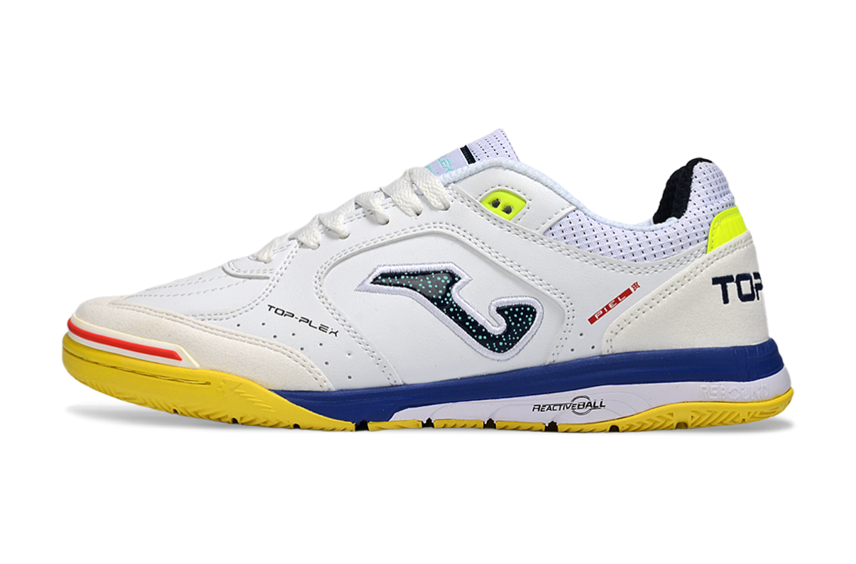 Chuteira Futsal Joma Top Flex Rebound IC Branca, Azul e Amarela