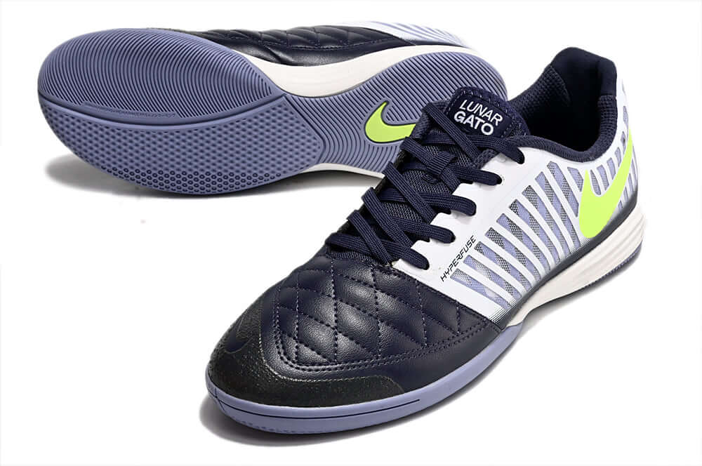 Chuteira Futsal Nike Lunar Gato IC em azul, branca e verde, ideal para jogos em quadra.