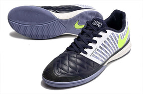 Chuteira Futsal Nike Lunar Gato IC em azul, branca e verde, ideal para jogos em quadra.