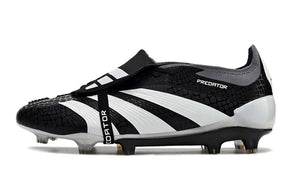 Chuteira Adidas Predator Elite Tongue FG - Preta e Branca com design icônico e língua elevada.