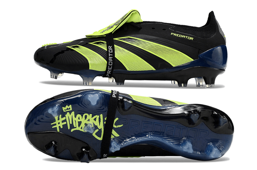 Chuteira Adidas Predator Elite Tongue FG - Preta e Verde, design arrojado com tecnologia avançada para desempenho em campo.