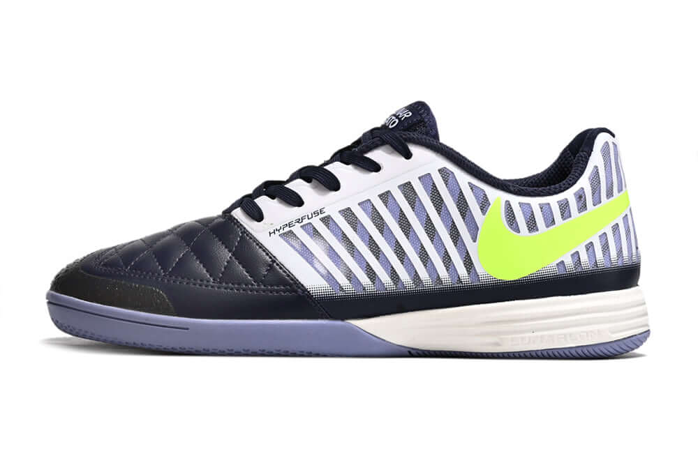 Chuteira Futsal Nike Lunar Gato IC na cor azul, branca e verde, ideal para desempenho em quadra.