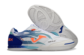 Chuteira Futsal Joma Top Flex Rebound IC Branca e Azul para desempenho em quadra com estilo e conforto.