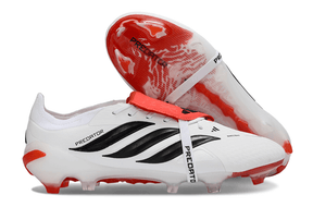 Chuteira Adidas Predator Elite FG com design em branco e detalhes em vermelho, ideal para campo natural.