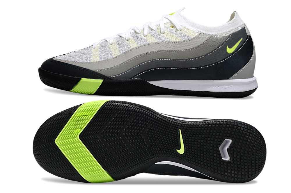 Chuteira Futsal Nike Mercurial Air Zoom Vapor 16 em cinza e preto com detalhes em verde