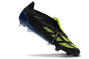 Chuteira Adidas Predator Elite Tongue FG - Preta e Verde em ângulo mostrando detalhes de design arrojado e tecnologia avançada.