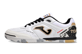 Chuteira Futsal Joma Top Flex Rebound IC Branca e Preta, design moderno e tecnologia de alto desempenho.