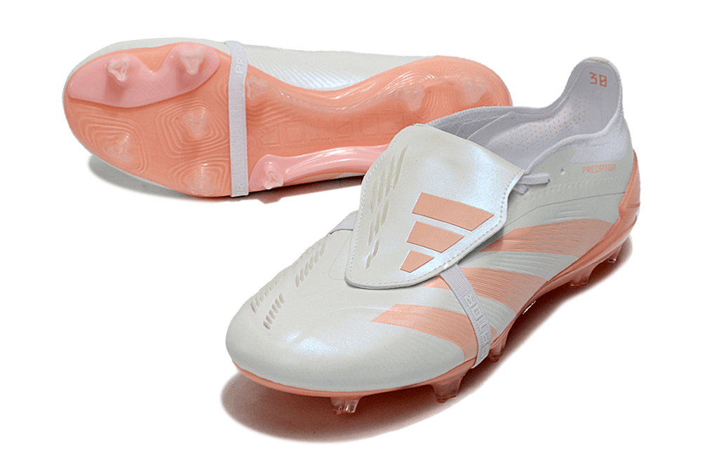 Chuteira Adidas Predator Elite Tongue FG - Branca e Salmão com design moderno e elegante para desempenho em campo.